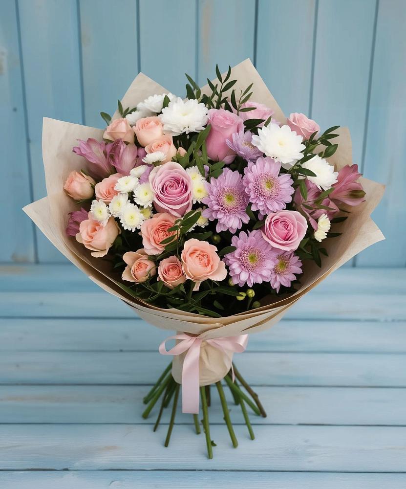 Букет цветов из: Хризантемы, Розы и Альстромерии в Тобольске