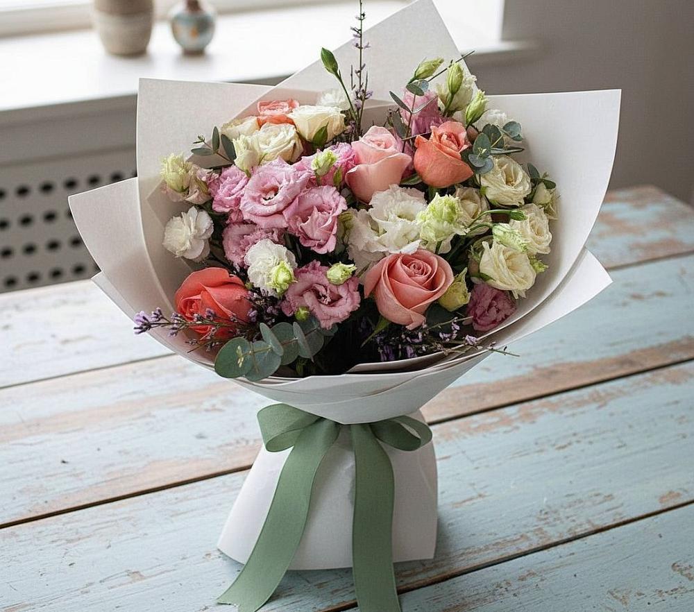 Букет цветов из: Розы, Лизиантусы и Гвоздики в Тобольске