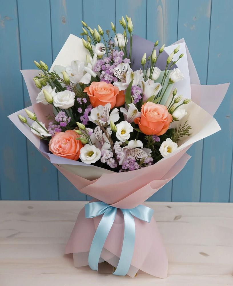 Букет цветов из: Лизиантусы, Розы, Альстромерии и Гипсофила в Тобольске