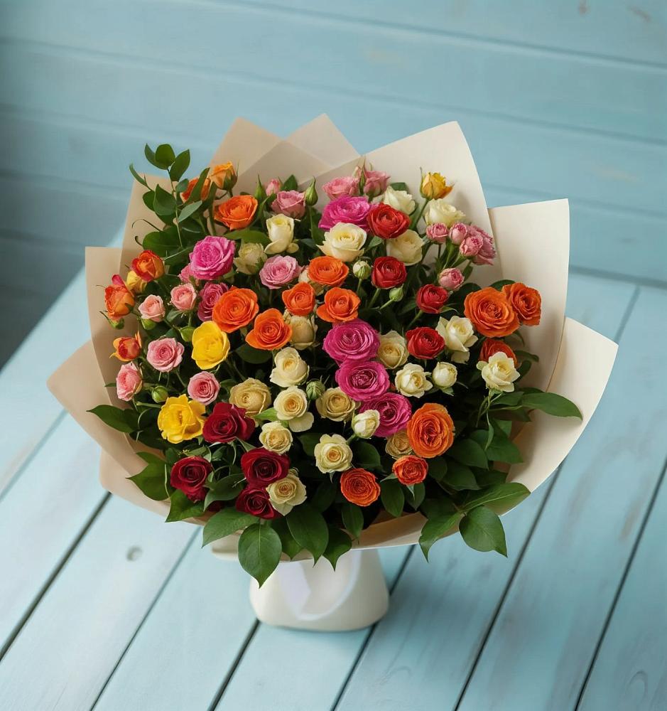 Букет Микс из разноцветных кустовых роз в Тобольске