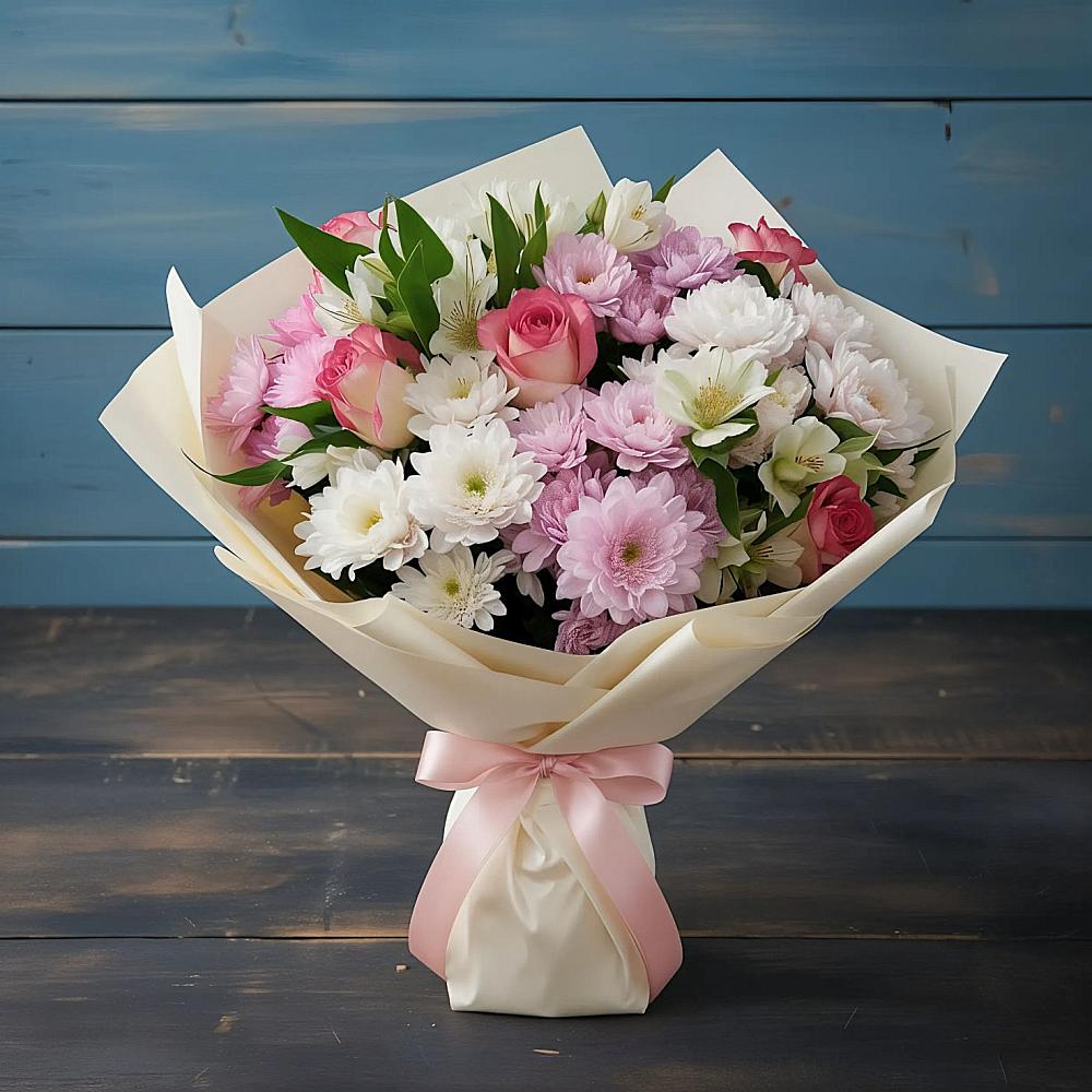 Букет цветов из: Хризантемы, Альстромерии и Розы в Тобольске